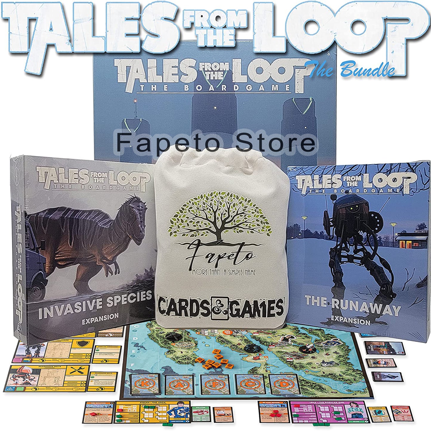 Cooperative Game Tales from The Loop Base and Expansions: Invasive Species Scenario & The Runaway Scenario Pack COMPATIBLES with Tales from The Loop Board Game Bundle with Random Color Drawstring Bag