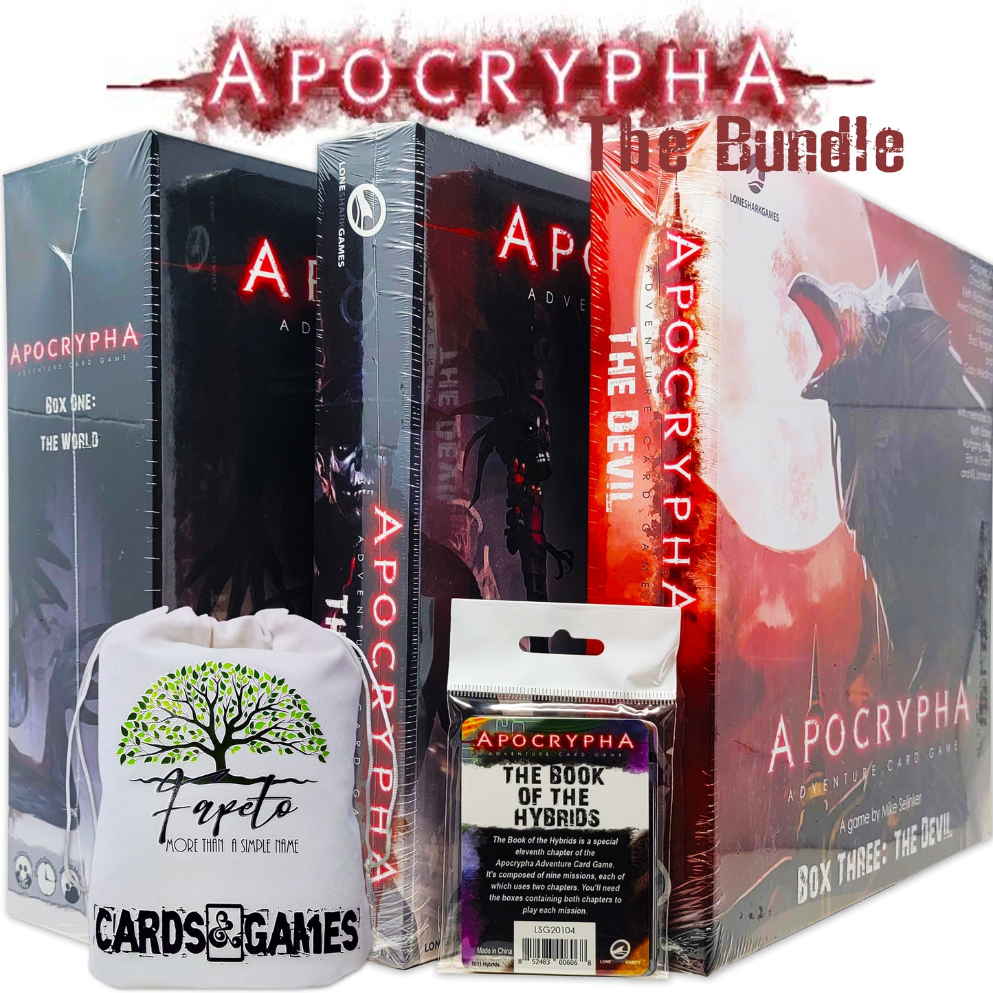 Apocrypha Adventure Card Game: Box One, Two and Tree (The World, The Flesh and The Devil) bundle with bonus chapter The Book of the Hybrids and Random Color Drawstring Bag for small pcs storage