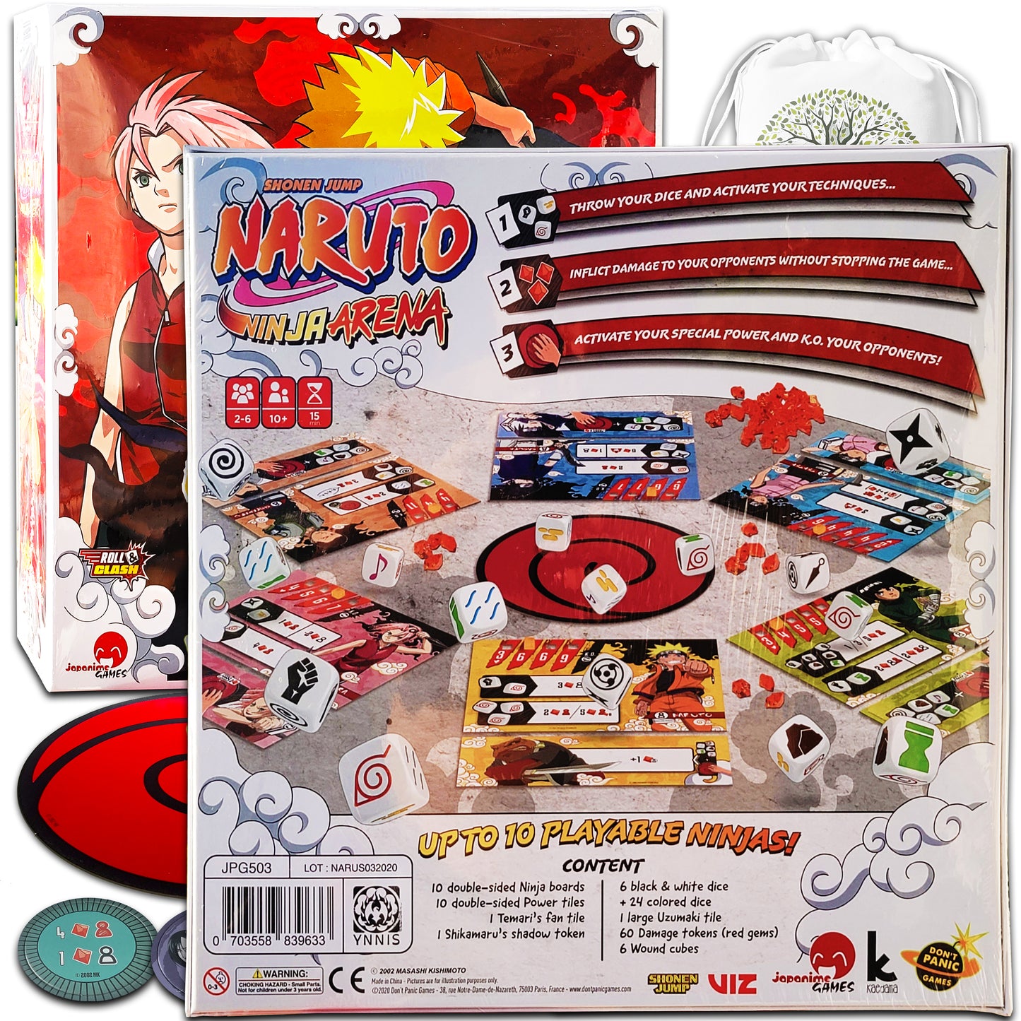 Dice Roll Game NARUTO NINJA ARENA (Core/Base) and The EXPANSIONS: Genin and Sensei Pack's Bundle With Random Color Drawstring Bag