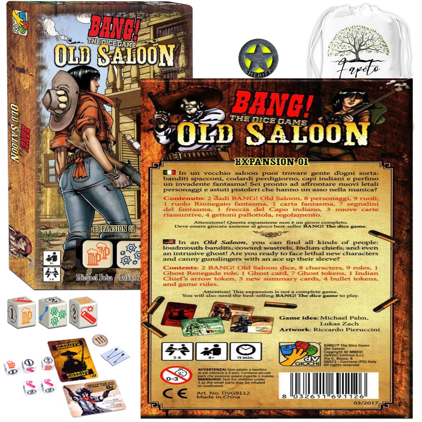 Great Set Of BANG The Dice Game (Core – Base) and the EXPANSIONS: Old Saloon & Undead or Alive Bundle With Random Color Drawstring Bag Plus 1inch Sheriff Token