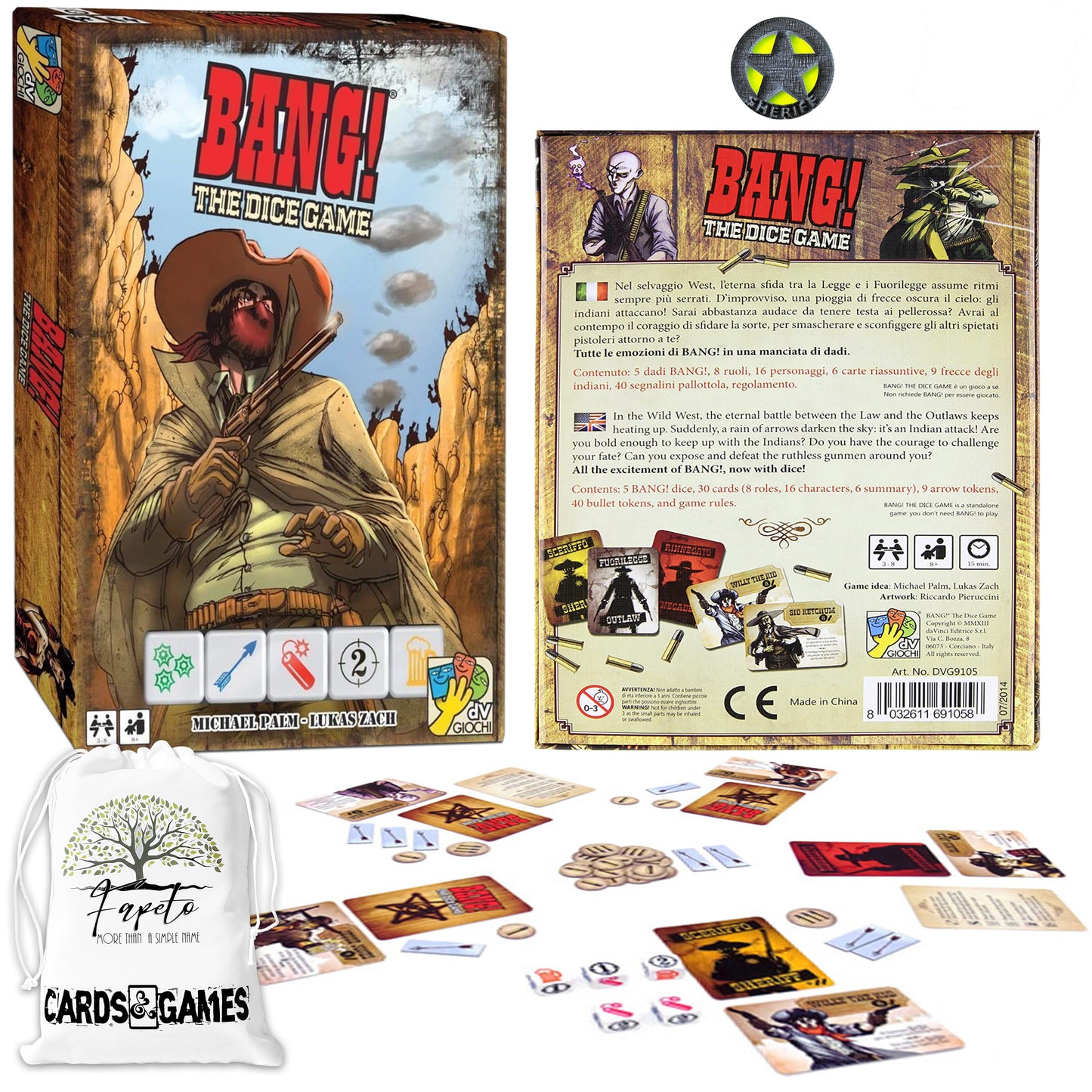 Great Set Of BANG The Dice Game (Core – Base) and the EXPANSIONS: Old Saloon & Undead or Alive Bundle With Random Color Drawstring Bag Plus 1inch Sheriff Token