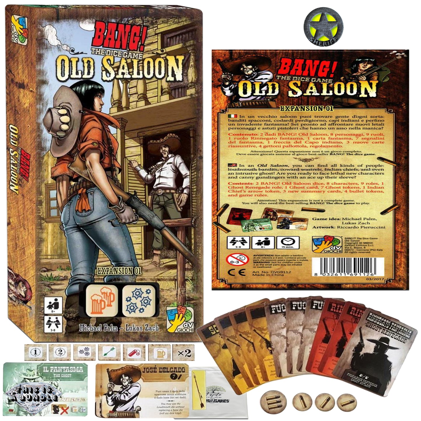 Great Set Of BANG The Dice Game (Core – Base) and the EXPANSIONS: Old Saloon & Undead or Alive Bundle With Random Color Drawstring Bag Plus 1inch Sheriff Token