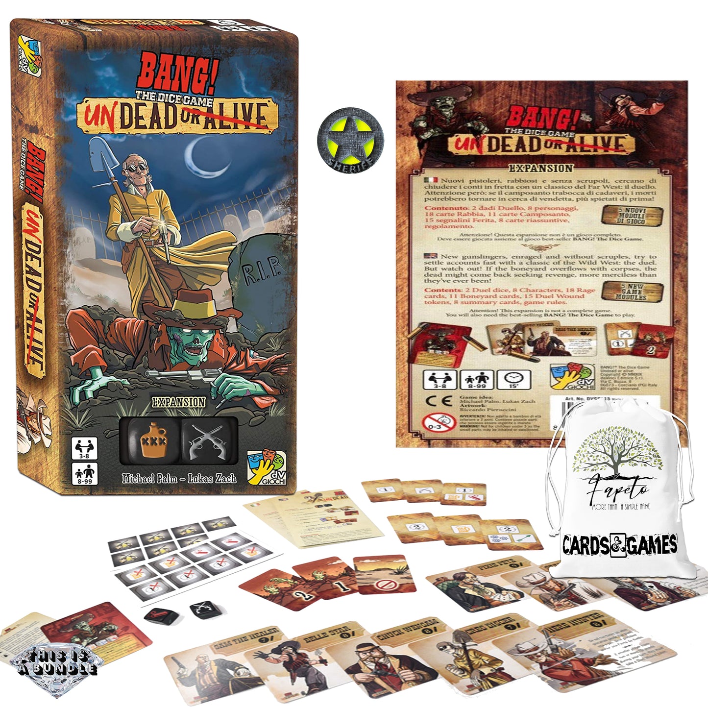 Great Set Of BANG The Dice Game (Core – Base) and the EXPANSIONS: Old Saloon & Undead or Alive Bundle With Random Color Drawstring Bag Plus 1inch Sheriff Token