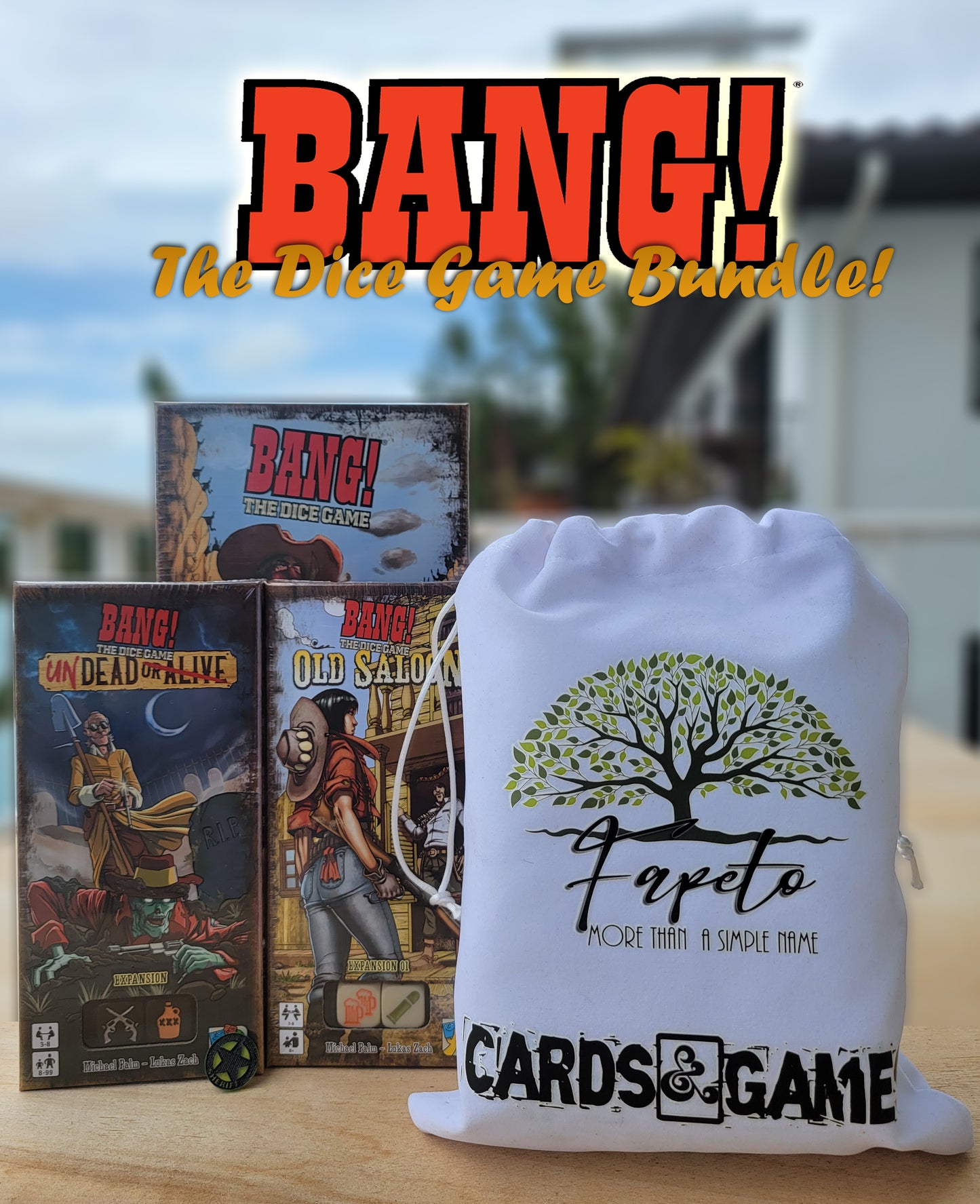 Great Set Of BANG The Dice Game (Core – Base) and the EXPANSIONS: Old Saloon & Undead or Alive Bundle With Random Color Drawstring Bag Plus 1inch Sheriff Token