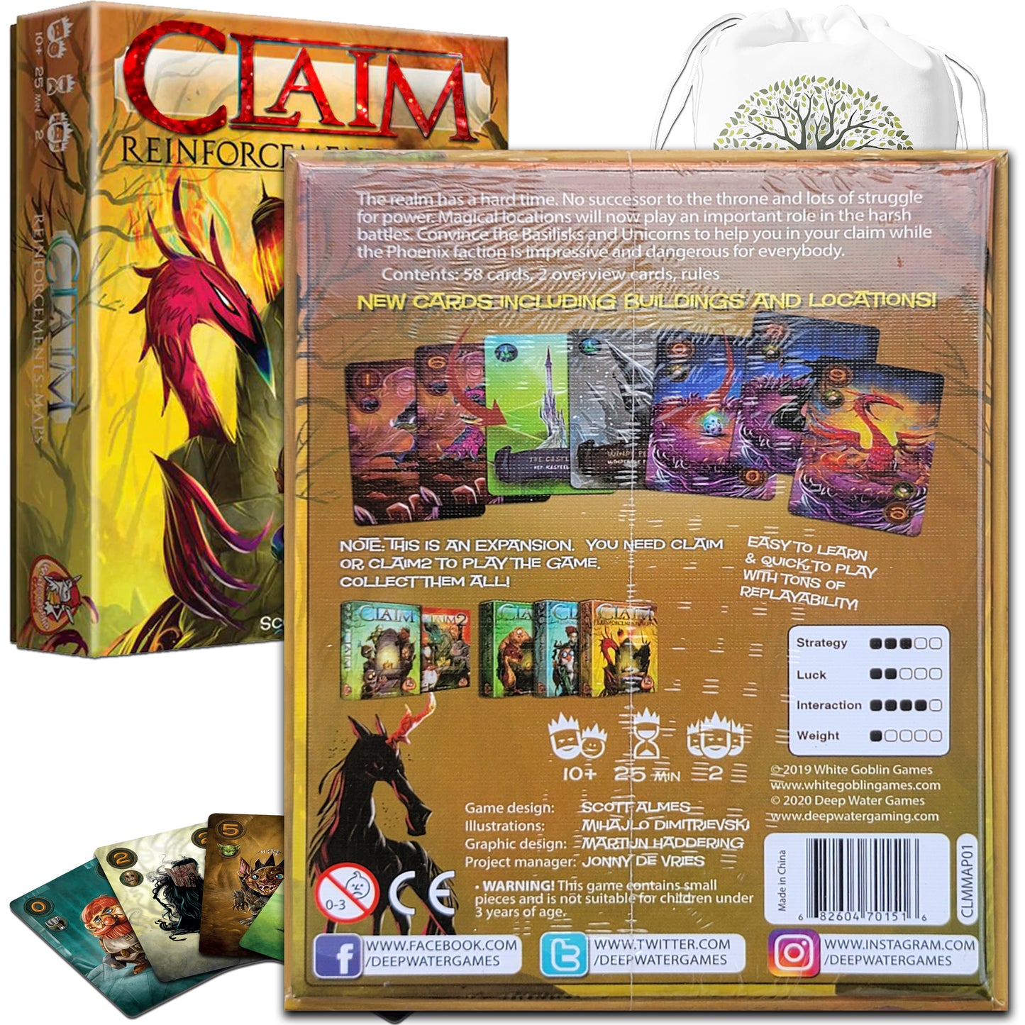 Take the Throne with Claim Card Game (Base-Core) and the Reinforcements Expansions: Maps, Magic & Mercenaries Bundle With Random Color Drawstring Bag