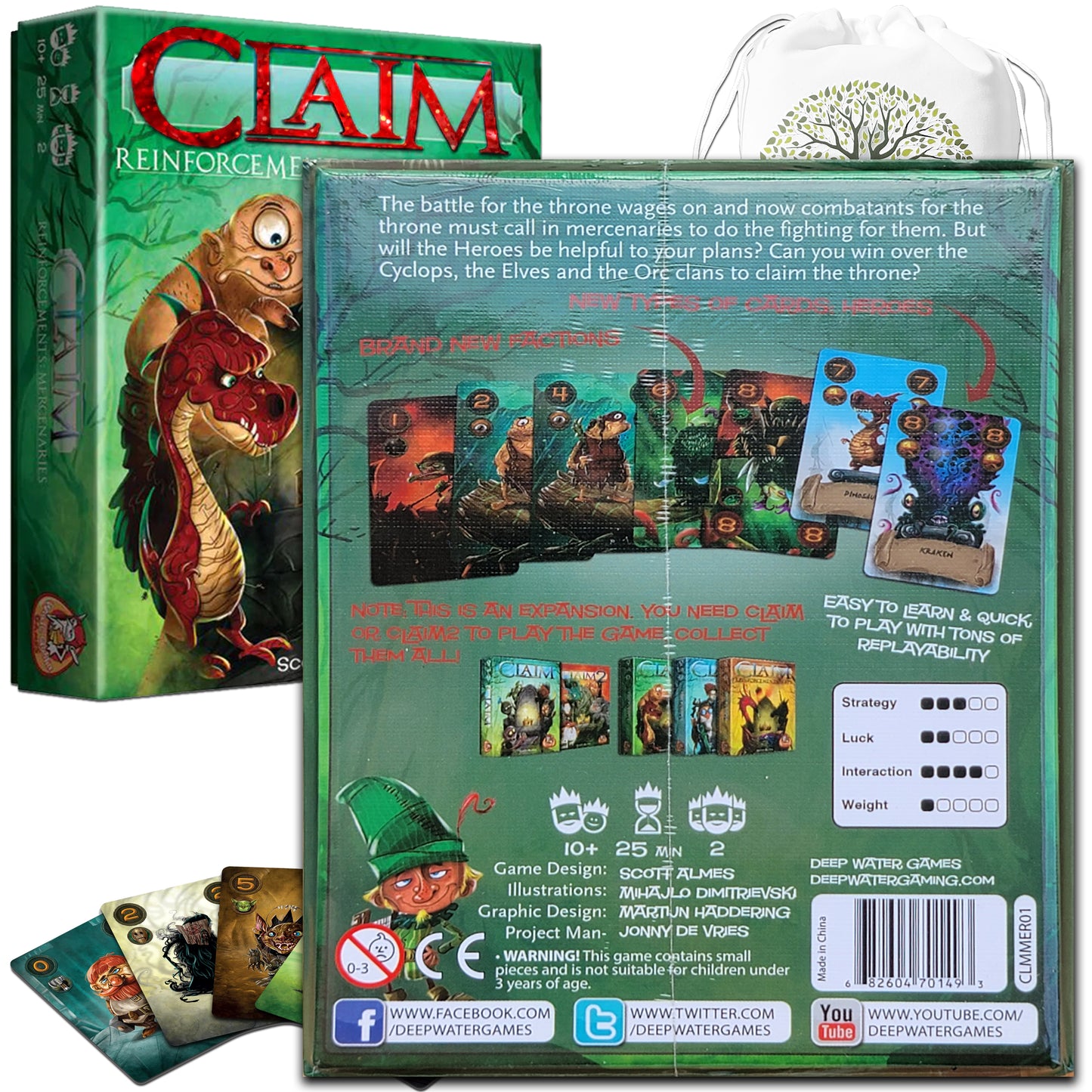 Take the Throne with Claim Card Game (Base-Core) and the Reinforcements Expansions: Maps, Magic & Mercenaries Bundle With Random Color Drawstring Bag