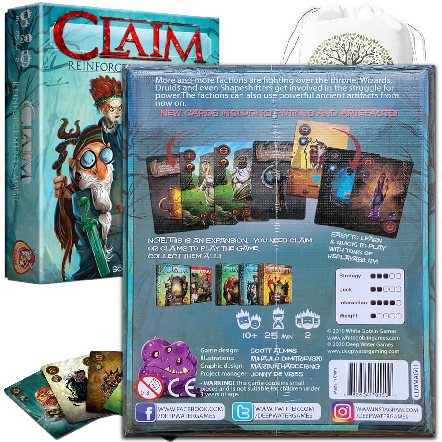 Take the Throne with Claim Card Game (Base-Core) and the Reinforcements Expansions: Maps, Magic & Mercenaries Bundle With Random Color Drawstring Bag