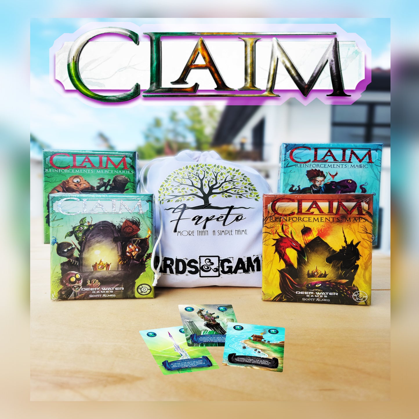 Take the Throne with Claim Card Game (Base-Core) and the Reinforcements Expansions: Maps, Magic & Mercenaries Bundle With Random Color Drawstring Bag