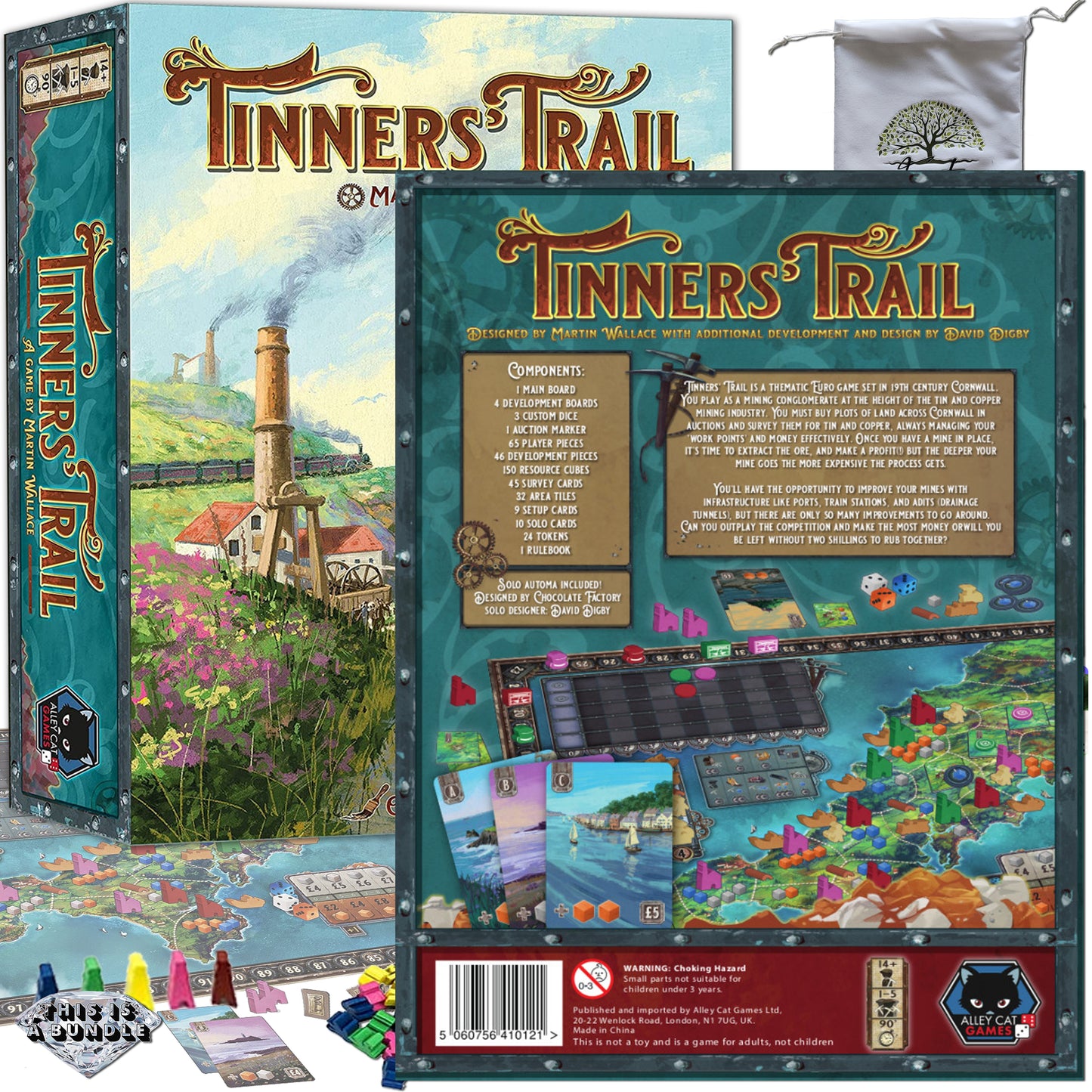 Tin Miners Of the 19th Century in Cornwall Board Game BASE and the EXPANSIONS: Emigration & Arsenic Market Bundle With Random Color Drawstring Bag Plus 13 COMPATIBLES Wood Tokens Upgraded and Painted