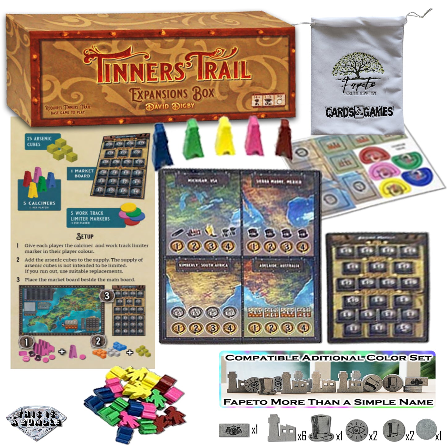 Tin Miners Of the 19th Century in Cornwall Board Game BASE and the EXPANSIONS: Emigration & Arsenic Market Bundle With Random Color Drawstring Bag Plus 13 COMPATIBLES Wood Tokens Upgraded and Painted