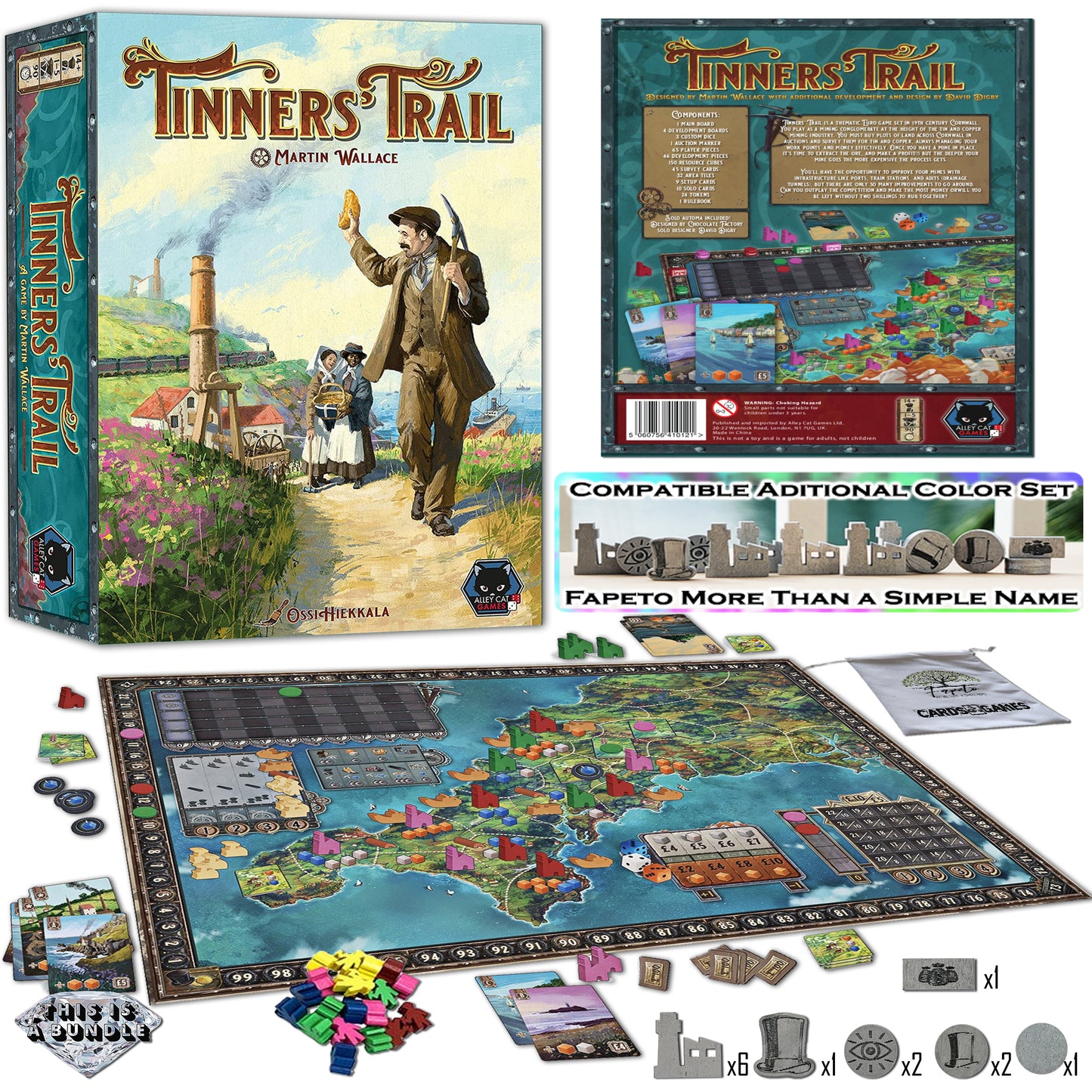 Tin Miners Of the 19th Century in Cornwall Board Game BASE and the EXPANSIONS: Emigration & Arsenic Market Bundle With Random Color Drawstring Bag Plus 13 COMPATIBLES Wood Tokens Upgraded and Painted