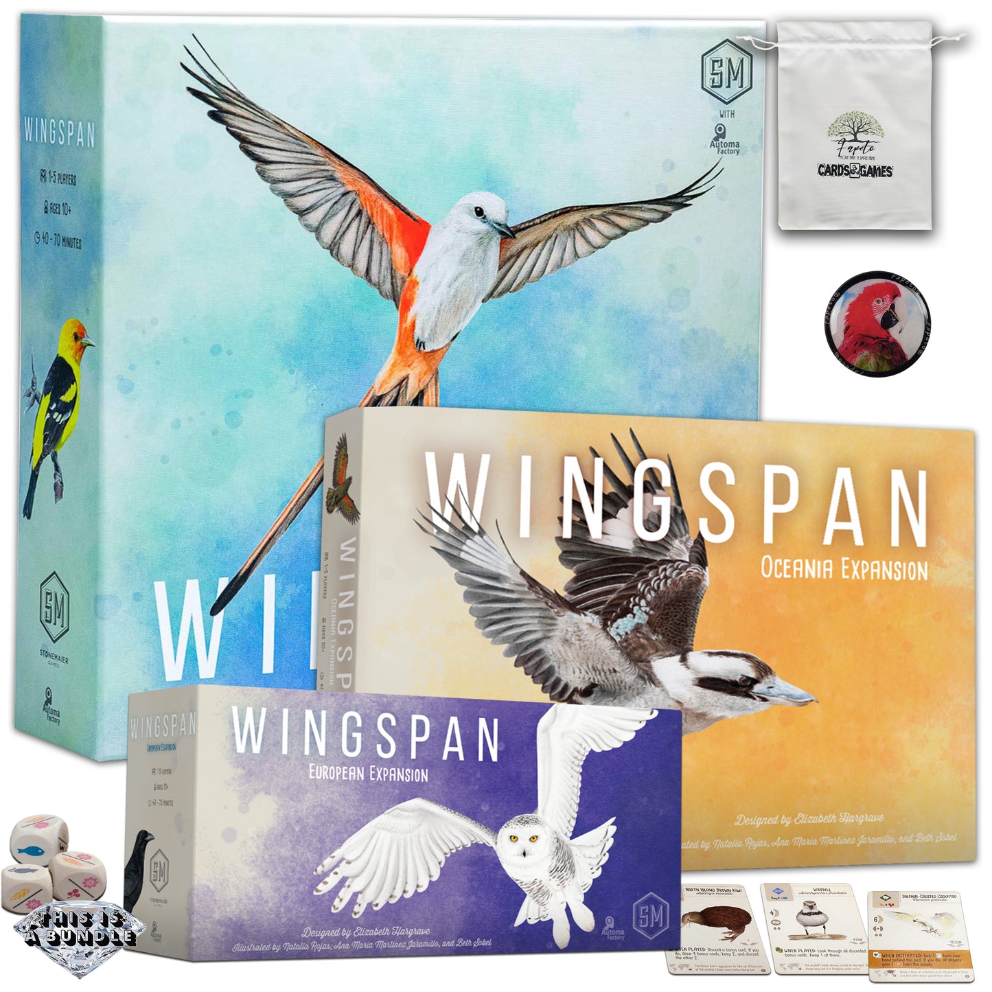 Birds collection for bird collectors WINGSPAN Core-Base Board Game and the Expansions: Oceania & European|Bird Fanatics or Bird Lovers| Bundle With Random Color Drawstring Bag Plus 1inch Token
