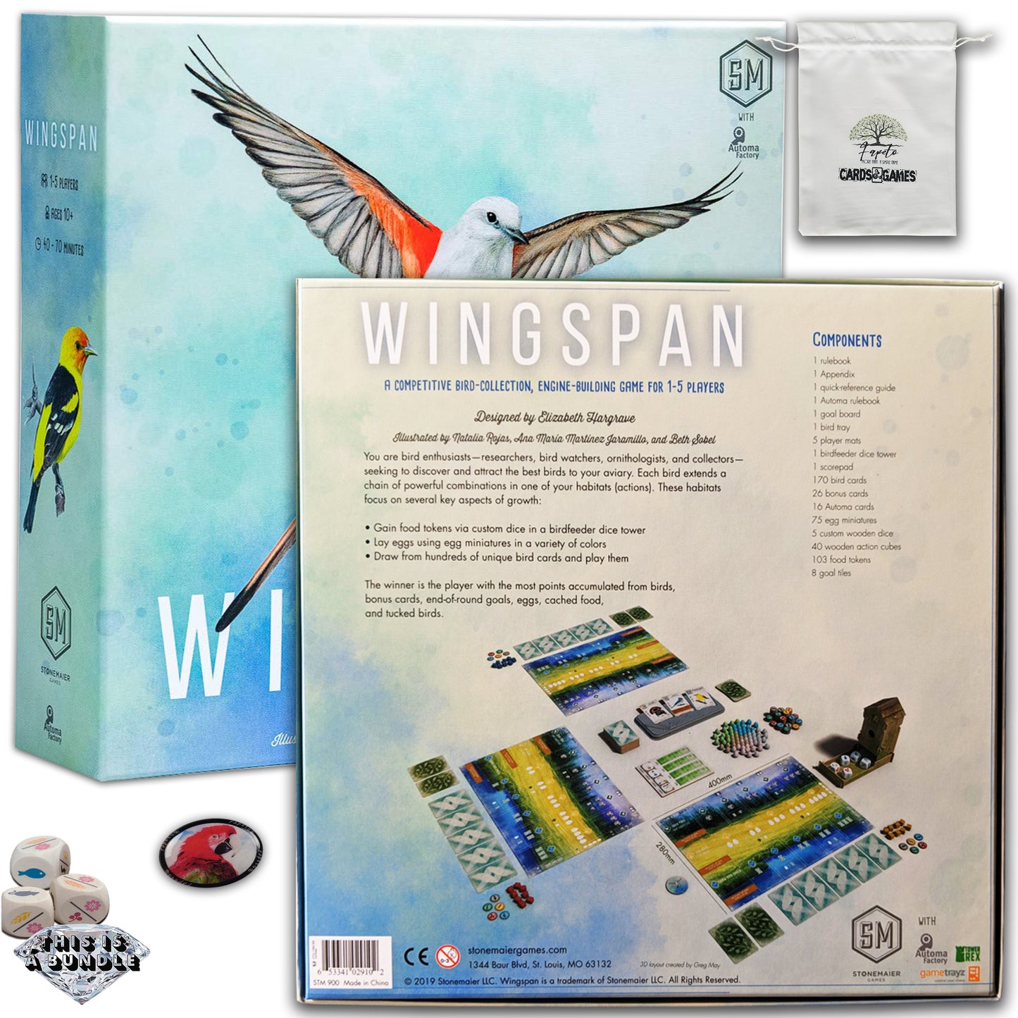 Birds collection for bird collectors WINGSPAN Core-Base Board Game and the Expansions: Oceania & European|Bird Fanatics or Bird Lovers| Bundle With Random Color Drawstring Bag Plus 1inch Token
