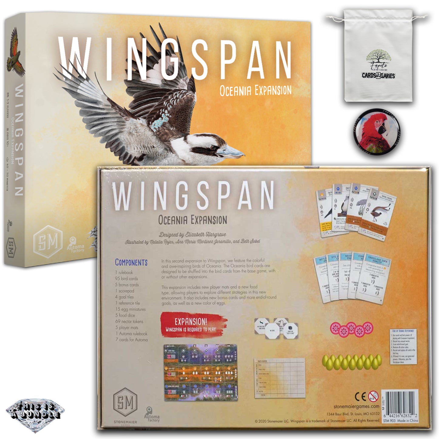 Birds collection for bird collectors WINGSPAN Core-Base Board Game and the Expansions: Oceania & European|Bird Fanatics or Bird Lovers| Bundle With Random Color Drawstring Bag Plus 1inch Token
