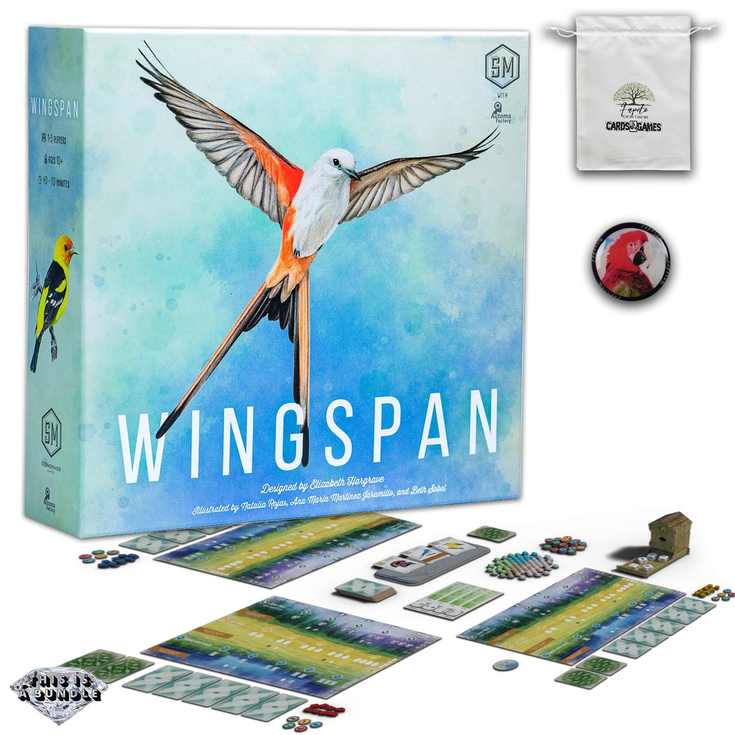 Birds collection for bird collectors WINGSPAN Core-Base Board Game and the Expansions: Oceania & European|Bird Fanatics or Bird Lovers| Bundle With Random Color Drawstring Bag Plus 1inch Token