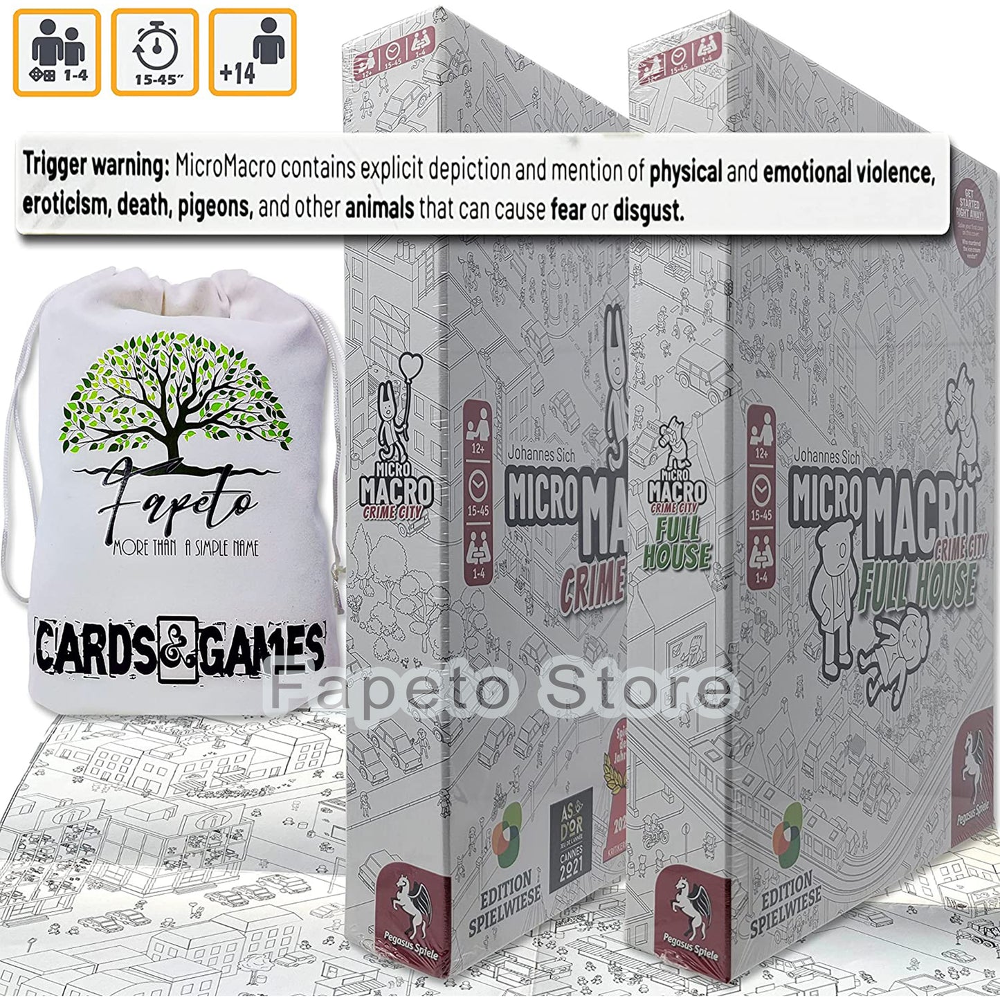 Detective Cooperative Board Game Crime City and Crime City Full House Bundle with Random Color Drawstring Bag Plus Random Color Marker Tokens Pack Compatible with MicroMacro Crime City Games