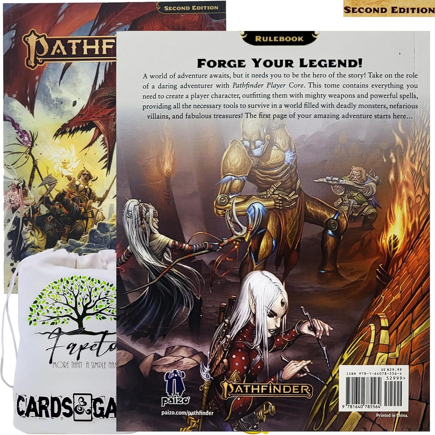 Pathfinder Player Rulebook, Secrets of Magic, Treasure Vault & Range of Elements Bundle with Fapeto Travel Drawstring Dice Bag and Compatible RPG Condition Rings