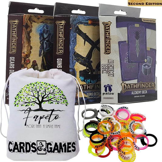 Pathfinder Guns, Gears & Alchemy Card Decks Bundle with Fapeto Travel Drawstring Dice Bag and Compatible RPG Condition Rings