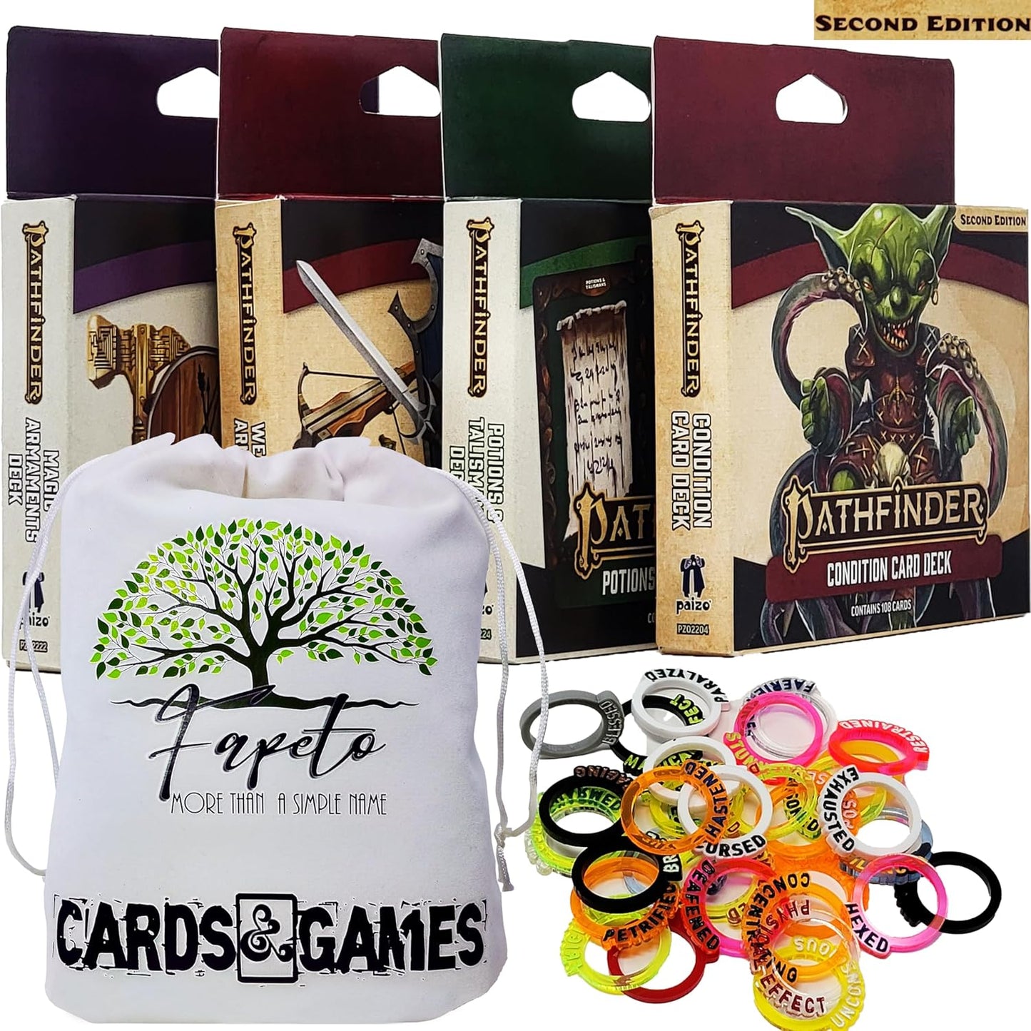 Pathfinder Condition Cards, Weapons & Armor, Magic Armaments, Potions & Talisman Bundle with Fapeto Travel Drawstring Dice Bag and Compatible RPG Condition Rings