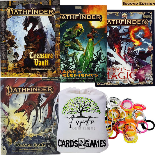 Pathfinder Player Rulebook, Secrets of Magic, Treasure Vault & Range of Elements Bundle with Fapeto Travel Drawstring Dice Bag and Compatible RPG Condition Rings