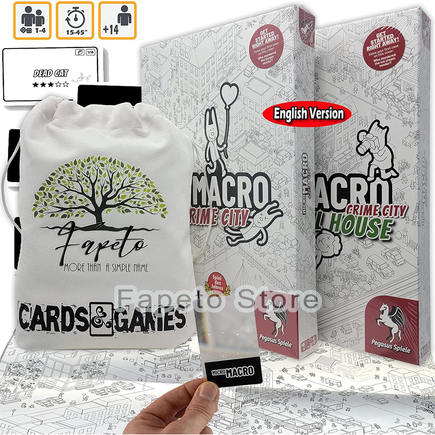 Detective Cooperative Board Game Crime City and Crime City Full House Bundle with Random Color Drawstring Bag Plus Random Color Marker Tokens Pack Compatible with MicroMacro Crime City Games