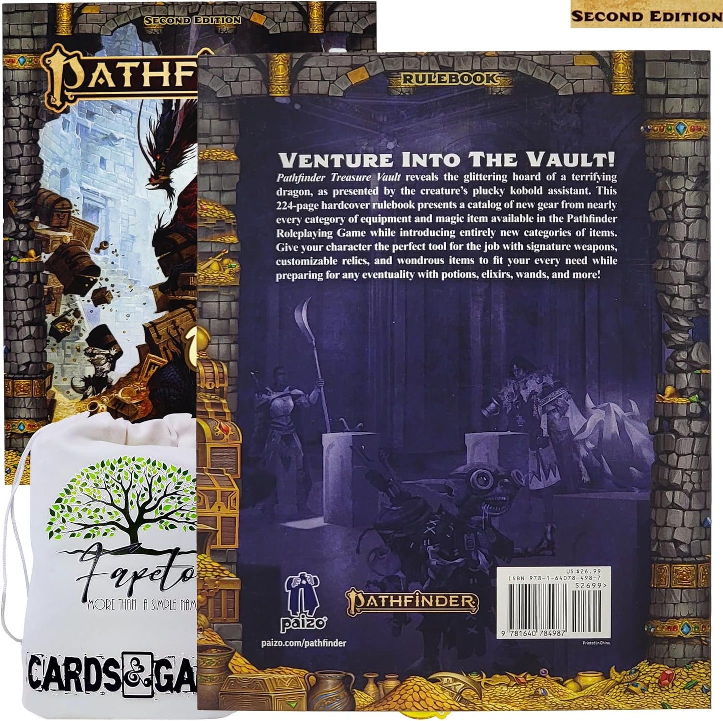 Pathfinder Player Rulebook, Secrets of Magic, Treasure Vault & Range of Elements Bundle with Fapeto Travel Drawstring Dice Bag and Compatible RPG Condition Rings