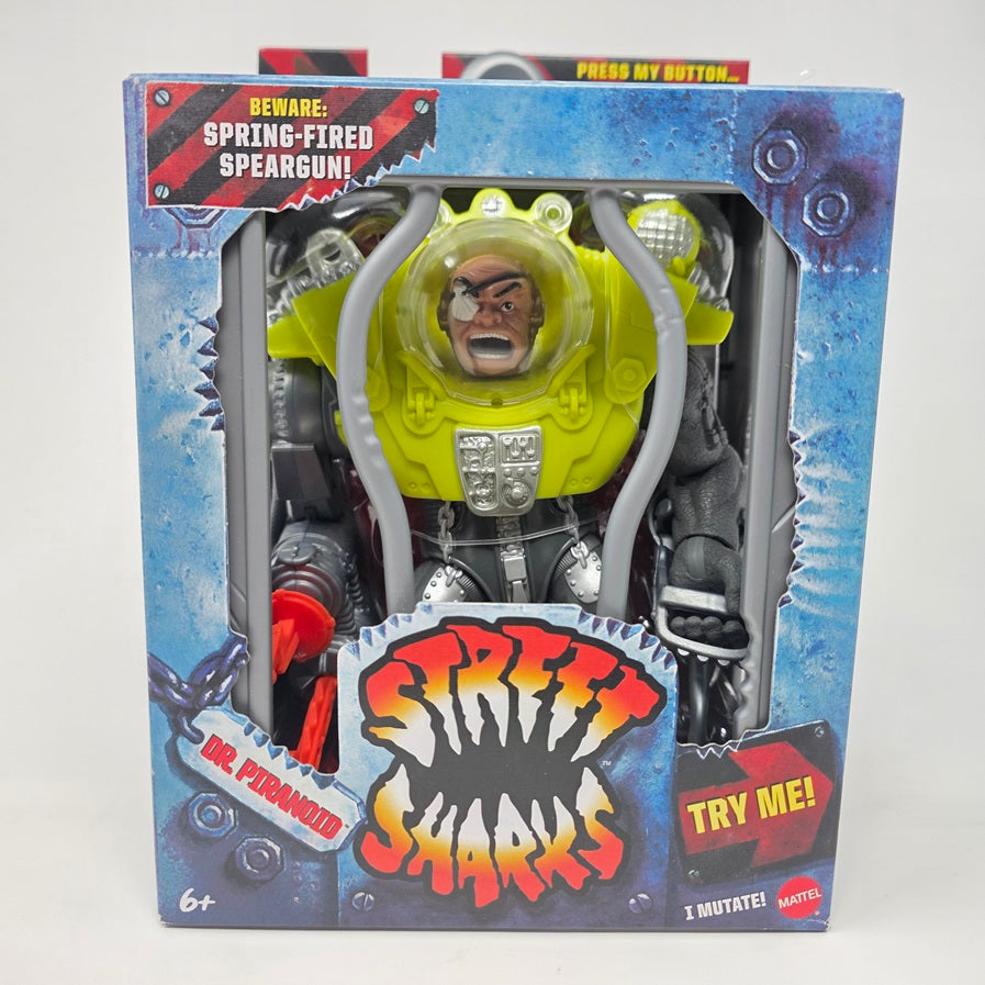 Mattel Street Sharks Action Figure with Spring-Fired Speargun Accessory, Dr Piranoid Collectible Toy Inspired by 90s TV Villain, 6-Inch