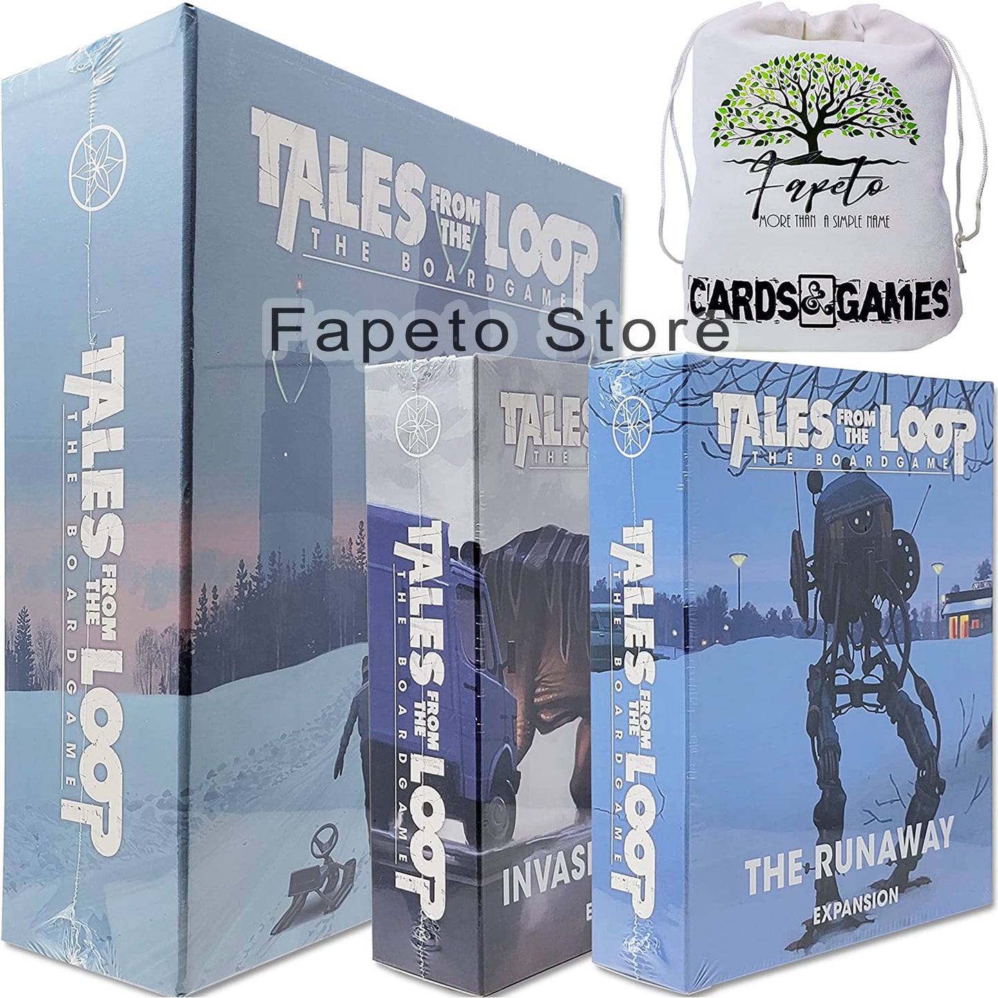 Cooperative Game Tales from The Loop Base and Expansions: Invasive Species Scenario & The Runaway Scenario Pack COMPATIBLES with Tales from The Loop Board Game Bundle with Random Color Drawstring Bag