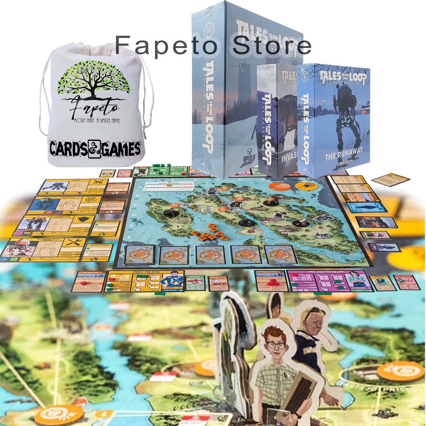Cooperative Game Tales from The Loop Base and Expansions: Invasive Species Scenario & The Runaway Scenario Pack COMPATIBLES with Tales from The Loop Board Game Bundle with Random Color Drawstring Bag