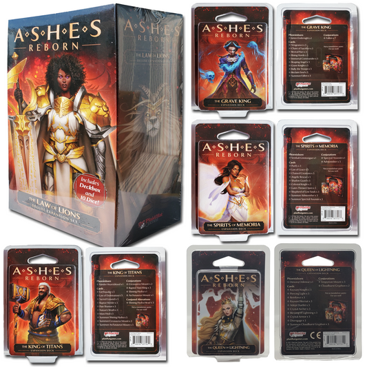 Ashes Reborn: The Law of Lions Deluxe Expansion Game Bundle With  The Queen of Lightning, The Grave King,  The King of Titans,  The Spirits of Memoria  and Fapeto Drawstring Random Color Bag