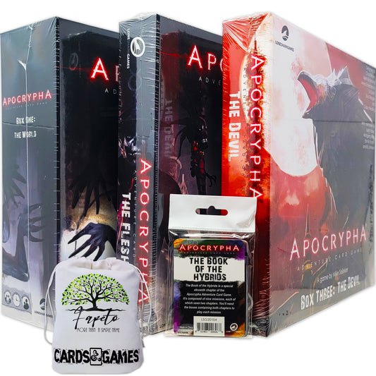 Apocrypha Adventure Card Game: Box One, Two and Tree (The World, The Flesh and The Devil) bundle with bonus chapter The Book of the Hybrids and Random Color Drawstring Bag for small pcs storage