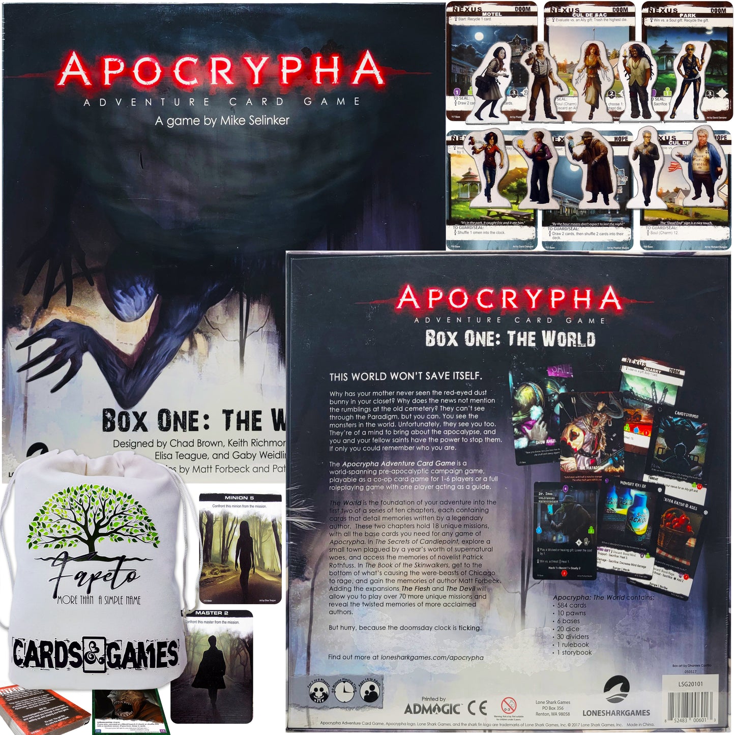 Apocrypha Adventure Card Game: Box One, Two and Tree (The World, The Flesh and The Devil) bundle with bonus chapter The Book of the Hybrids and Random Color Drawstring Bag for small pcs storage