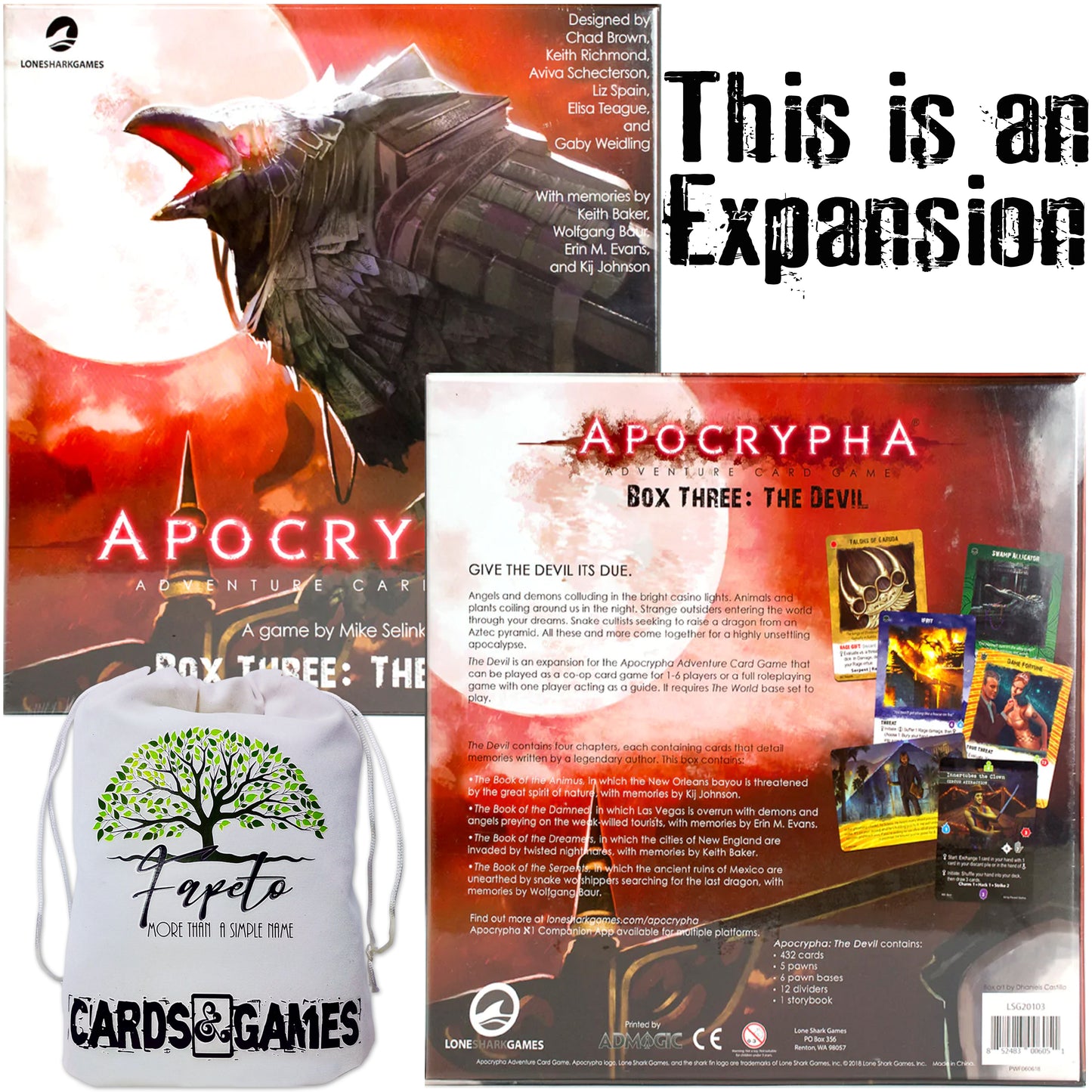 Apocrypha Adventure Card Game: Box One, Two and Tree (The World, The Flesh and The Devil) bundle with bonus chapter The Book of the Hybrids and Random Color Drawstring Bag for small pcs storage