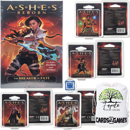 Ashes Reborn The Breaker of Fate Deluxe and Expansions: Artist Dreams,  Messenger Peace,  Queen Lightning & Gorrenrock COMPATIBLES with Ashes Reborn Bundle with Random Color Drawstring Bag plus token