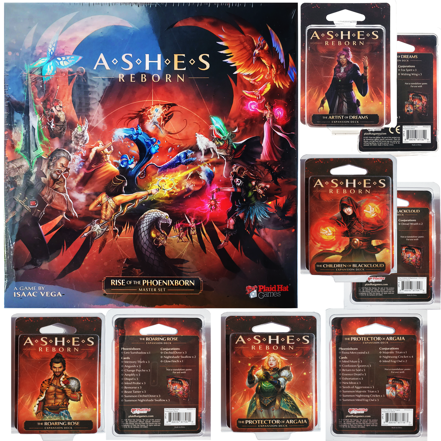 Ashes Reborn Rise Of The Phoenixborn Core Game Bundle With  The Children Blackcloud, The Protector of Argaia,  The Artist of Dreams,  The Roaring Rose  and Fapeto Drawstring Random Color Bag