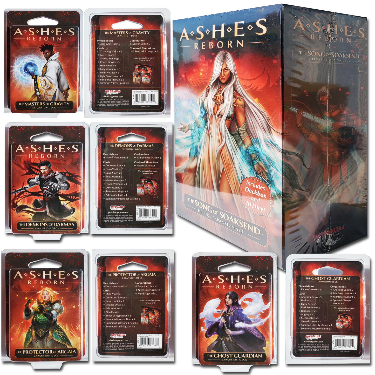 Ashes: Reborn - The Song of Soaksend Deluxe Expansion Game Bundle With  The Demons of Darmas, The Protector of Argaia,  The Ghost Guardian,  The Masters of Gravity  and  Drawstring Random Color Bag