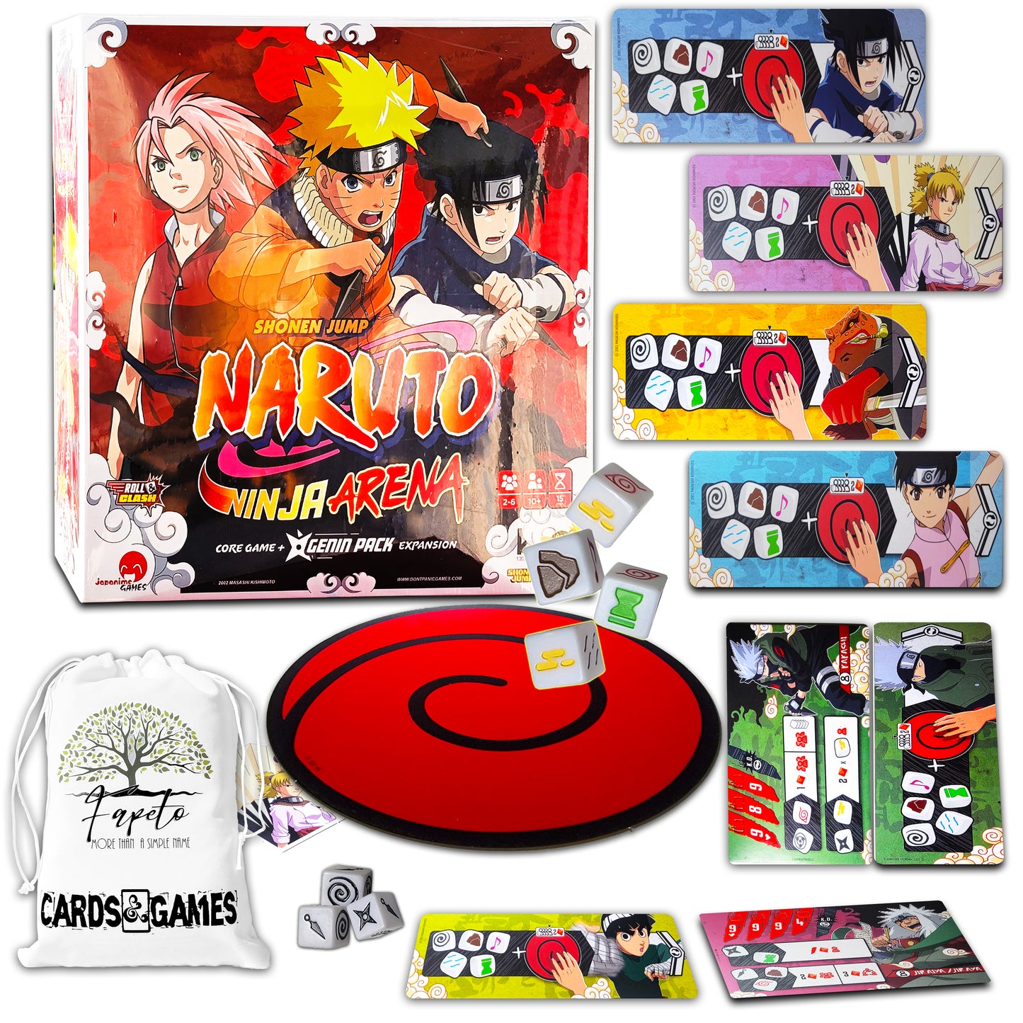 Dice Roll Game NARUTO NINJA ARENA (Core/Base) and The EXPANSIONS: Genin and Sensei Pack's Bundle With Random Color Drawstring Bag