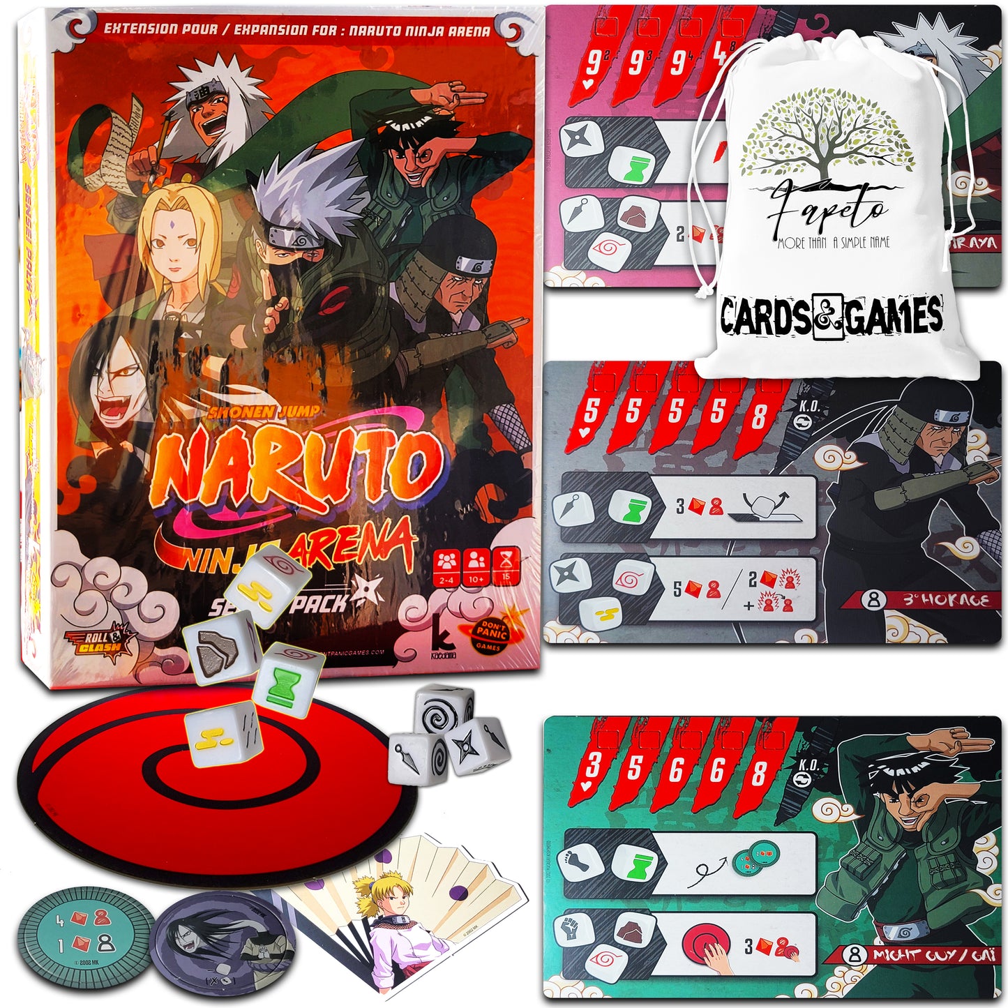 Dice Roll Game NARUTO NINJA ARENA (Core/Base) and The EXPANSIONS: Genin and Sensei Pack's Bundle With Random Color Drawstring Bag