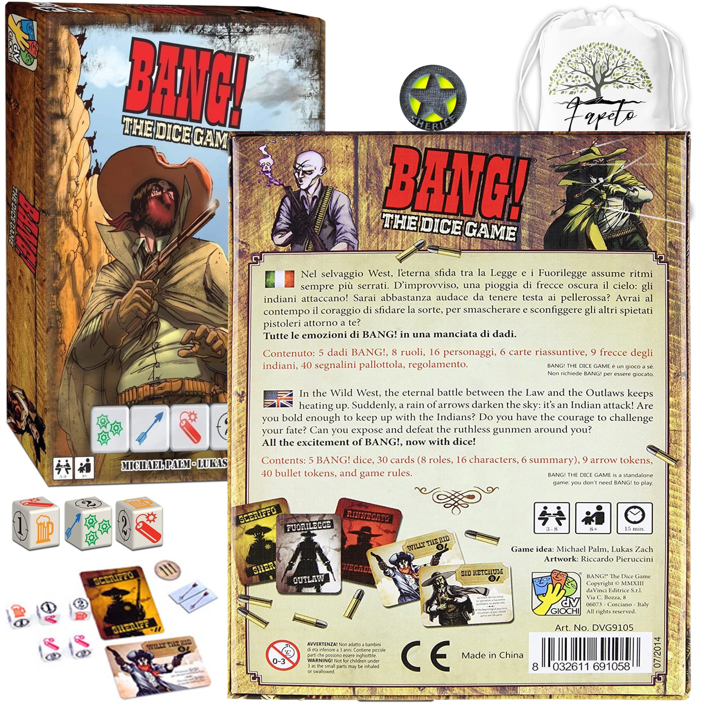 Great Set Of BANG The Dice Game (Core – Base) and the EXPANSIONS: Old Saloon & Undead or Alive Bundle With Random Color Drawstring Bag Plus 1inch Sheriff Token
