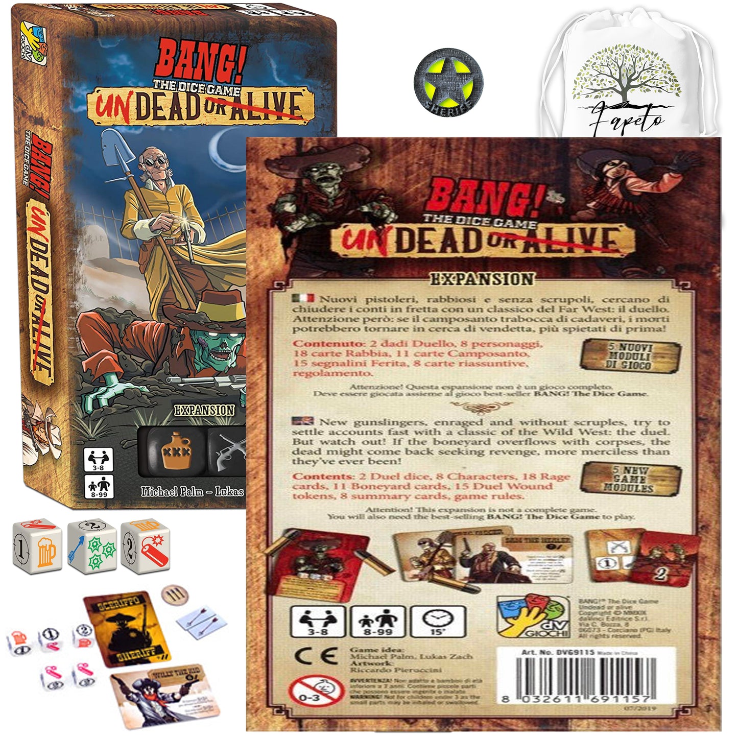 Great Set Of BANG The Dice Game (Core – Base) and the EXPANSIONS: Old Saloon & Undead or Alive Bundle With Random Color Drawstring Bag Plus 1inch Sheriff Token