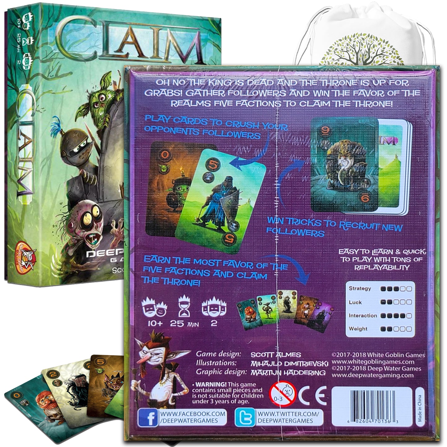 Take the Throne with Claim Card Game (Base-Core) and the Reinforcements Expansions: Maps,  Magic & Mercenaries Bundle With Random Color Drawstring Bag
