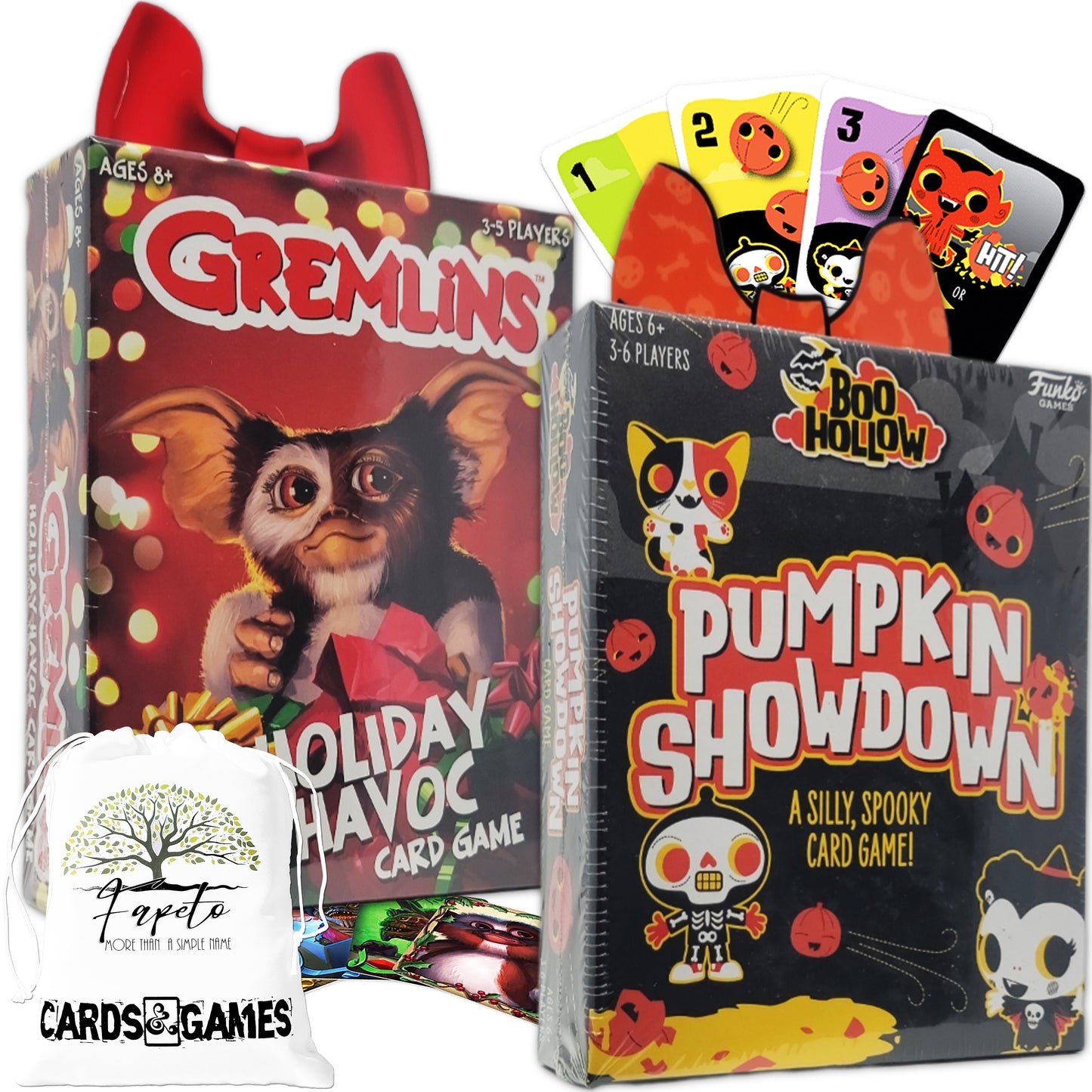 Family fast card game Gremlins - Holiday Havoc and Boo Hollow - Pumpkin Showdown with Random Color Drawstring Bag for party, travels and holidays