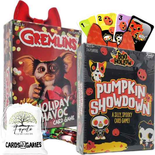 Family fast card game Gremlins - Holiday Havoc and Boo Hollow - Pumpkin Showdown with Random Color Drawstring Bag for party, travels and holidays