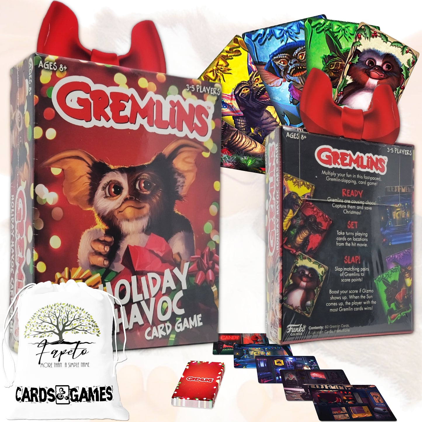 Family fast card game Gremlins - Holiday Havoc and Boo Hollow - Pumpkin Showdown with Random Color Drawstring Bag for party, travels and holidays