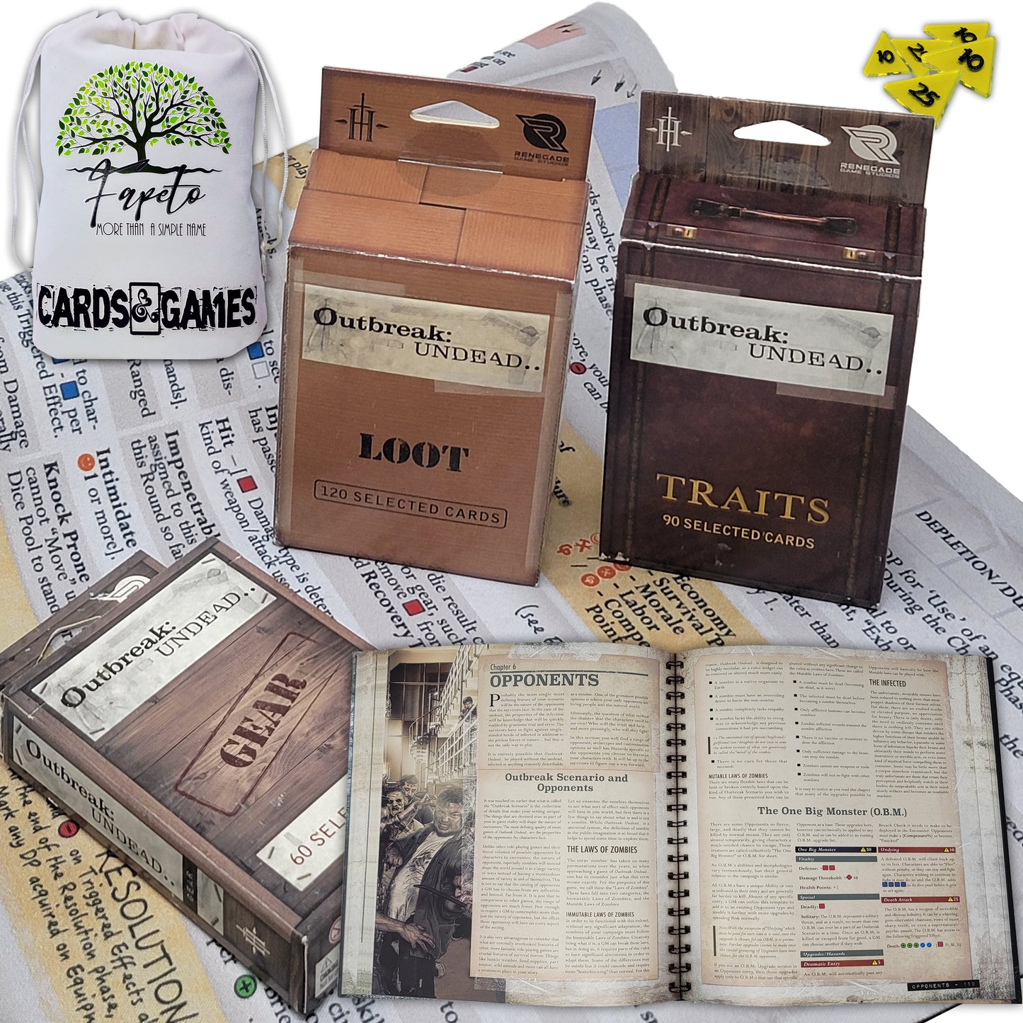 Zombie Survival Simulation Outbreak Undead 2nd Edition RPG Hardcover Book Bundle With Loot, Gear and Traits Decks, Random Color Drawstring Bag and COMPATIBLE  Survivor`s  and Gamemaster`s Tokens