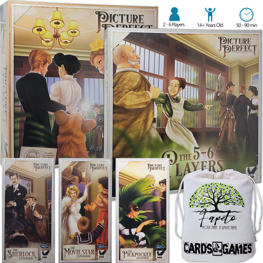 Big Set of Picture Perfect Board Game and The Expansions: 5 - 6 Players, Movie Star, The Pickpocket and The Sherlock Bundle With Random Color Drawstring Bag