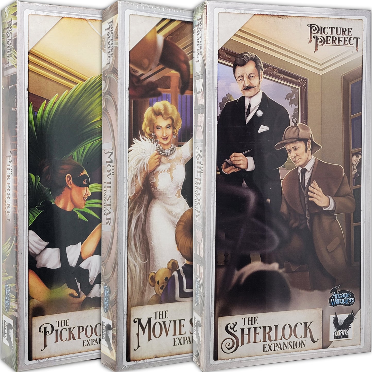 Big Set of Picture Perfect Board Game and The Expansions: 5 - 6 Players, Movie Star, The Pickpocket and The Sherlock Bundle With Random Color Drawstring Bag