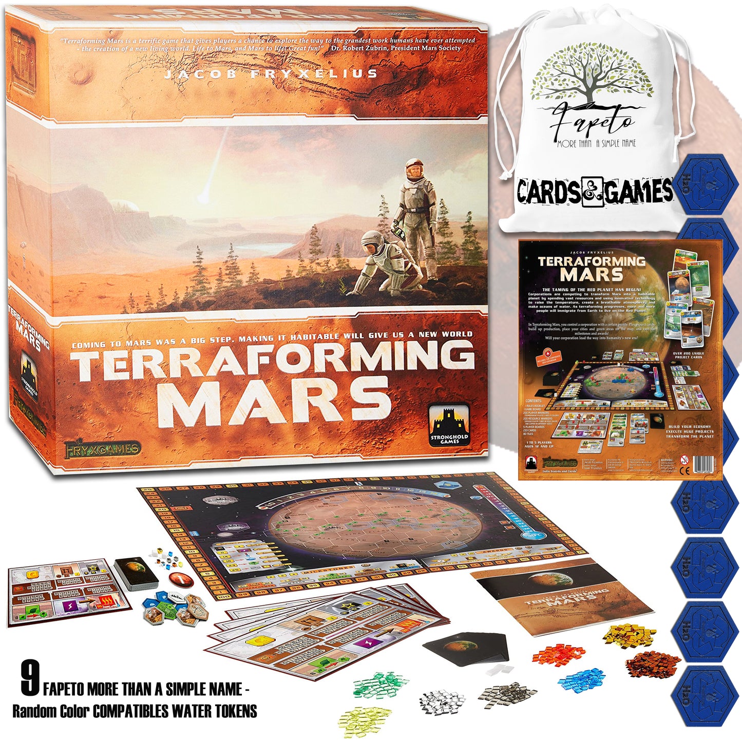Great Set of Terraforming Mars Strategy Board Game (Base-Core) and The EXPANSIONS: Turmoil, Colonies, Prelude, Hellas & Elysium, Venus Next Bundle With Random Color Drawstring Bag Plus Water Tokens