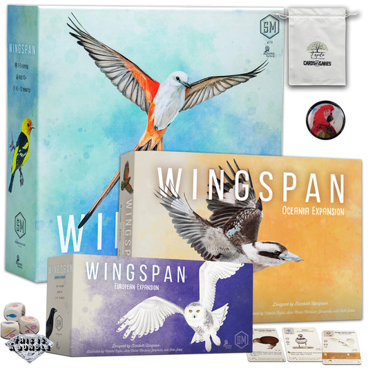 Birds collection for bird collectors WINGSPAN Core-Base Board Game and the Expansions: Oceania & European|Bird Fanatics or Bird Lovers| Bundle With Random Color Drawstring Bag Plus 1inch Token