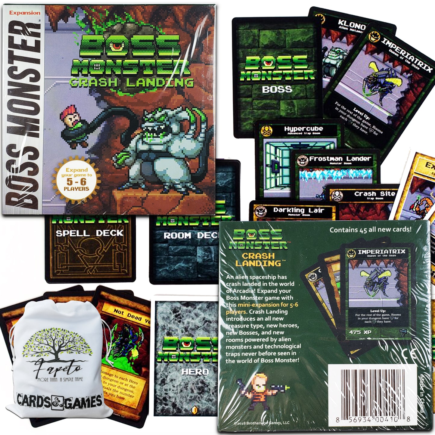 Pack Of Boss Monster -Only Expansions- (Tools of Hero-Kind, Crash Landing, Implements of Destruction & Vault of Villains) Bundle With Random Color Drawstring Bag